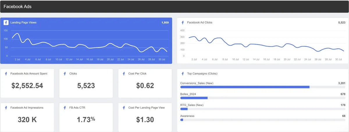 Digital marketing analytics dashboard showing campaign performance